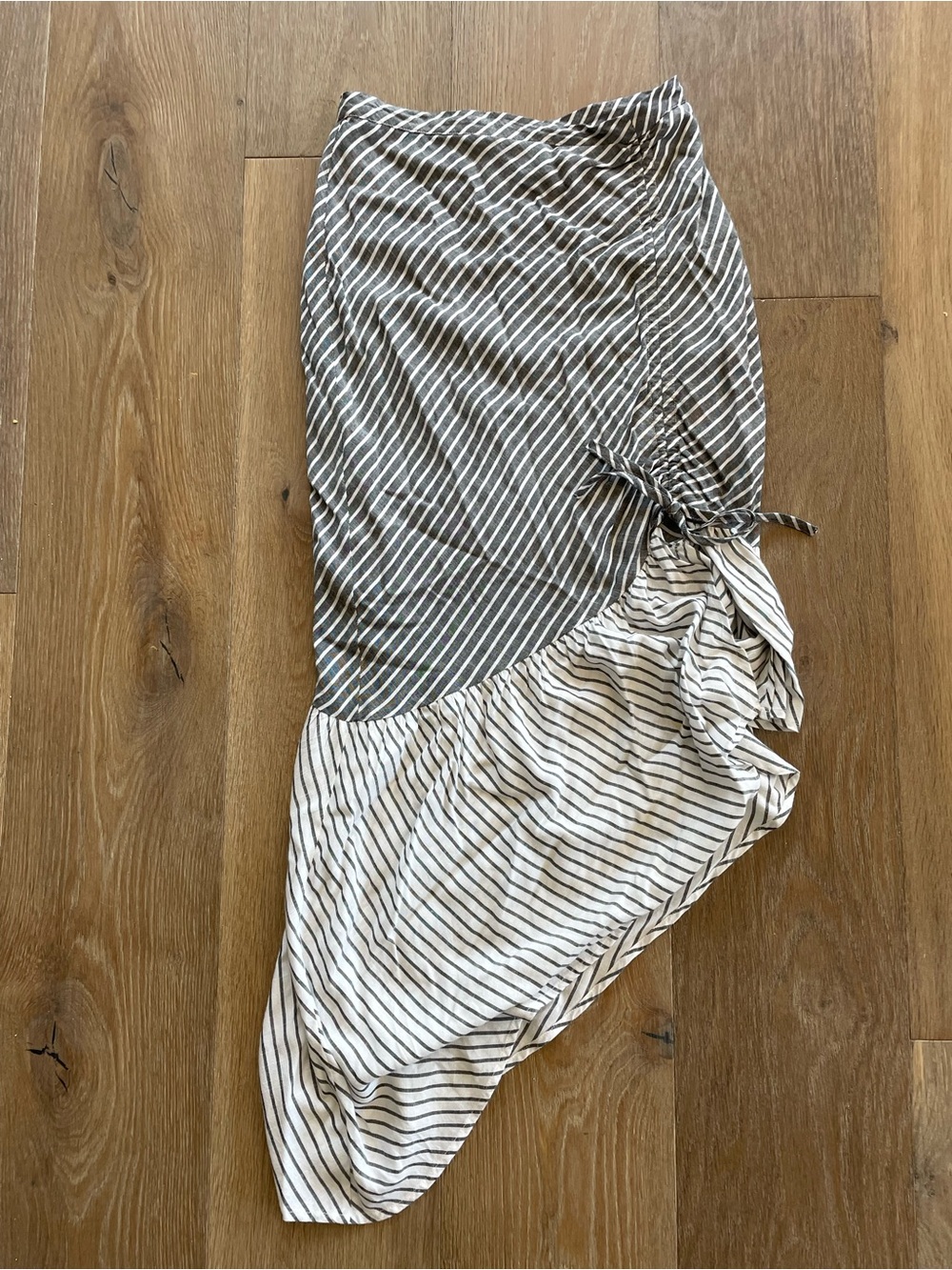Suboo Australia Striped Asymmetric Ruched Midi Skirt in Gray and White